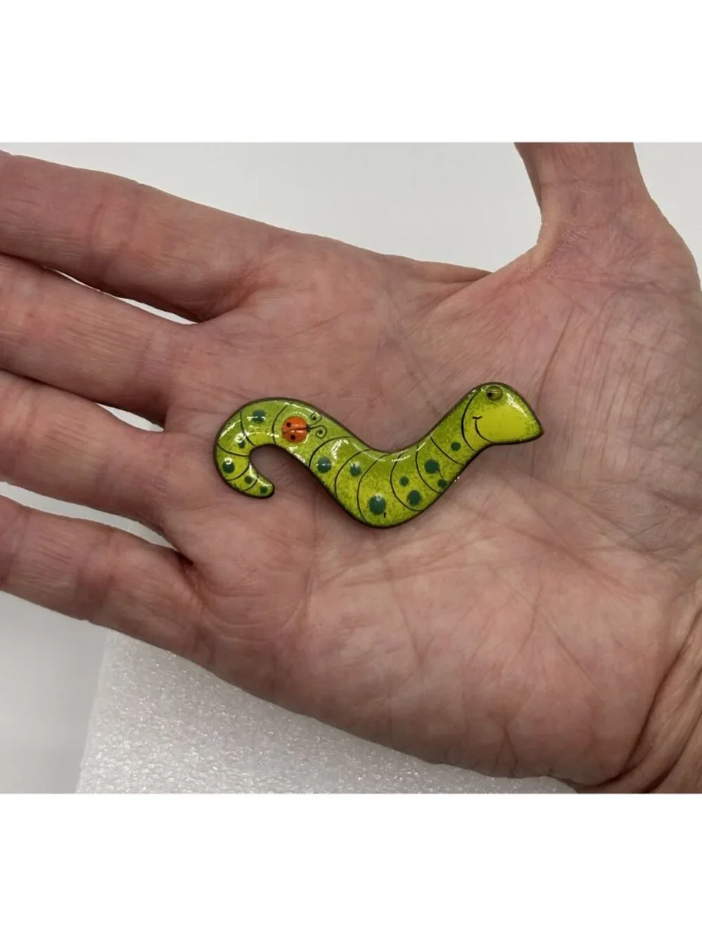 Vintage Nanci Caterpillar With Ladybug Brooch Enameled Copper Mid Century Signed